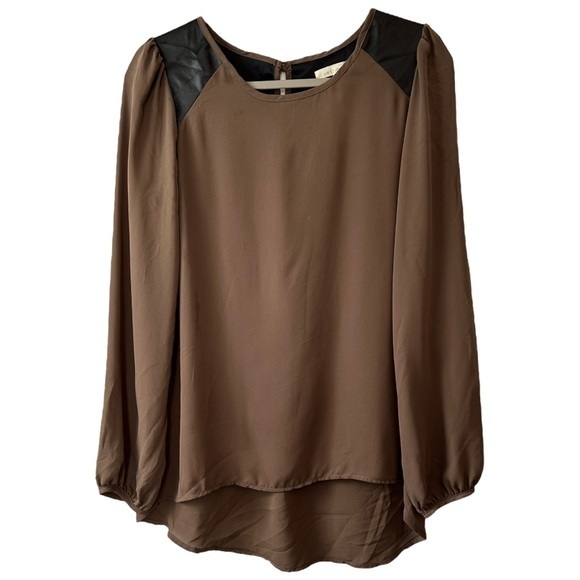 Vestique NWT Brown with Black Leather High Low Peasant‎ Sleeve Top   Sz L - Picture 1 of 7